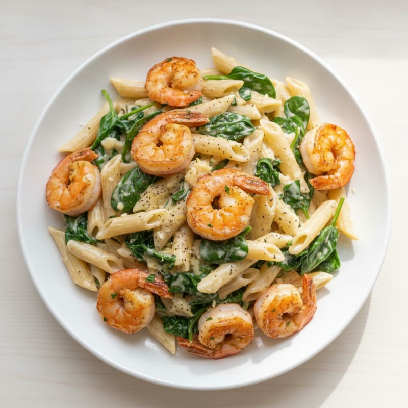 Garlic Herb Shrimp Penne Alfredo with Spinach