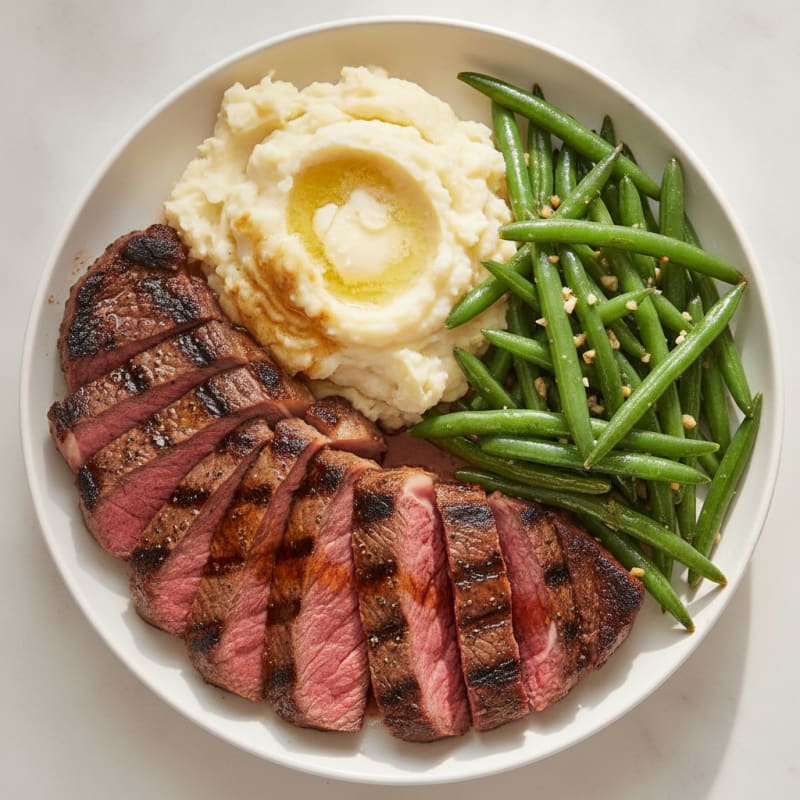 Grilled Steak with Mashed Potatoes and Sautéed Green Beans