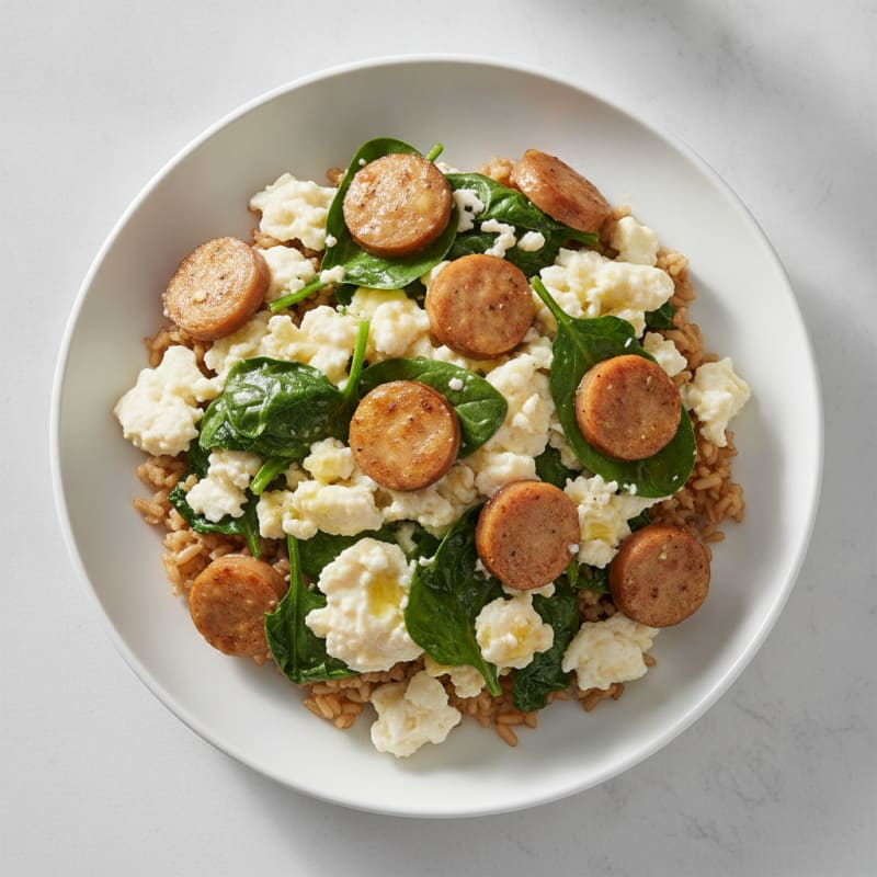 Egg White and Chicken Sausage Scramble with Spinach and Brown Rice