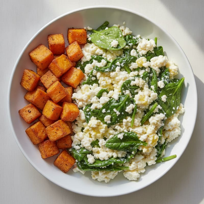 Cottage Cheese Egg White Scramble with Spinach and Roasted Sweet Potato