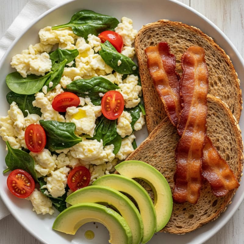 Crispy Turkey Bacon Egg White Scramble with Spinach and Tomatoes