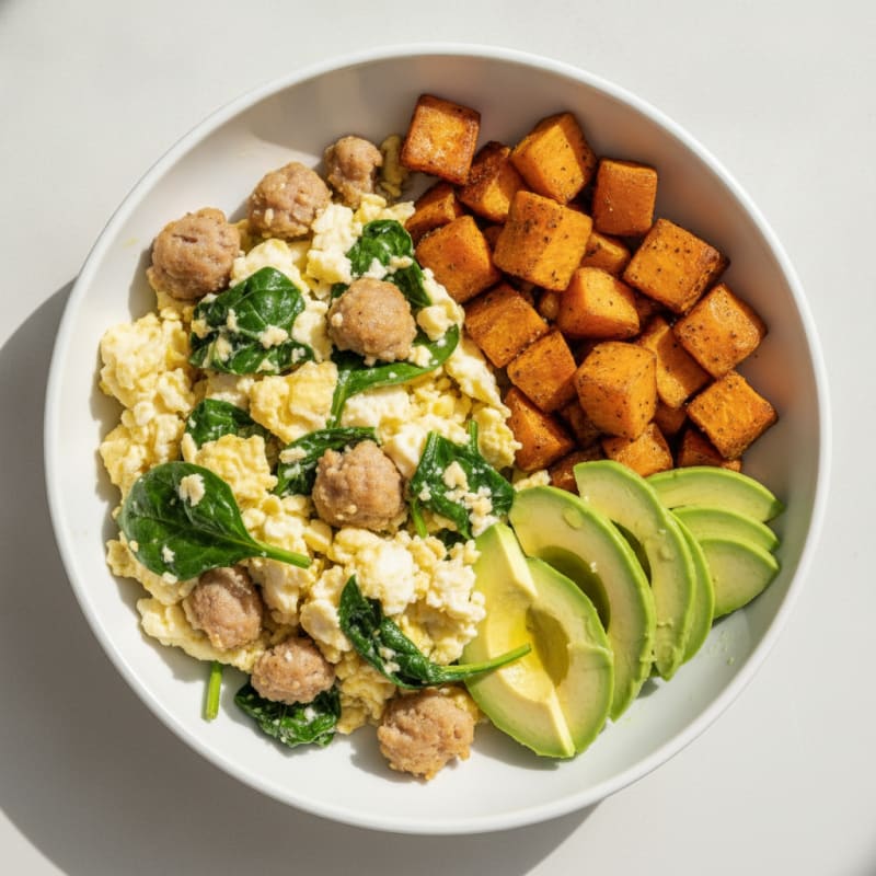 Egg White Scramble with Turkey Sausage and Spinach