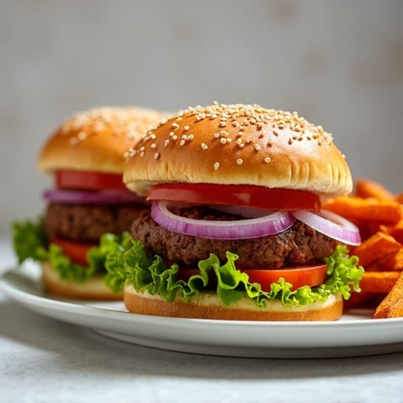 Juicy Lean Beef Burgers with Crispy Baked Sweet Potato Fries
