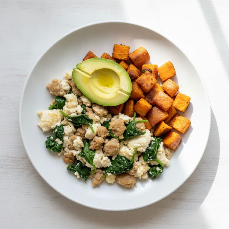 Egg White and Turkey Sausage Scramble with Sautéed Spinach