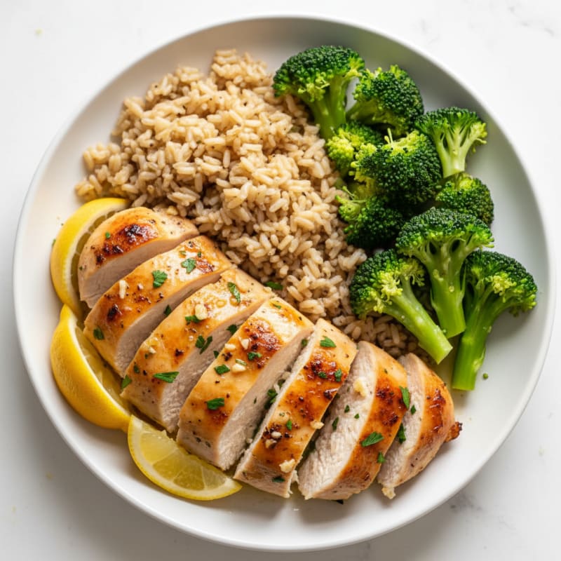 Oven-Baked Lemon Herb Chicken Breast with Steamed Broccoli and Brown Rice