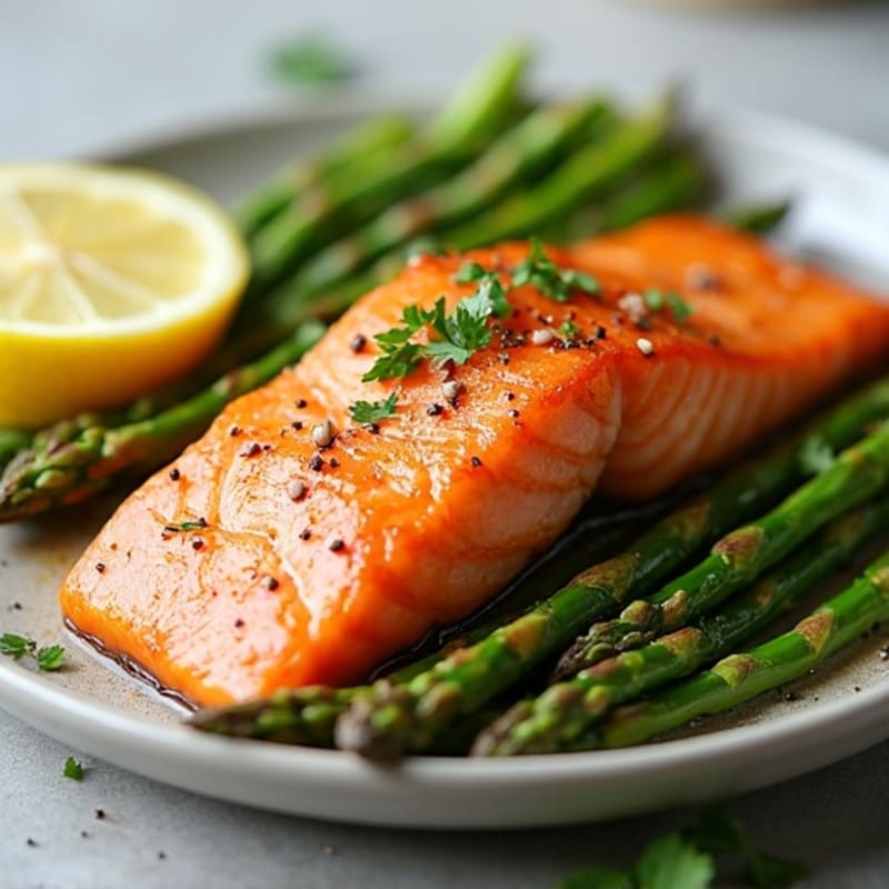 Seared Salmon with Roasted Asparagus and Lemon