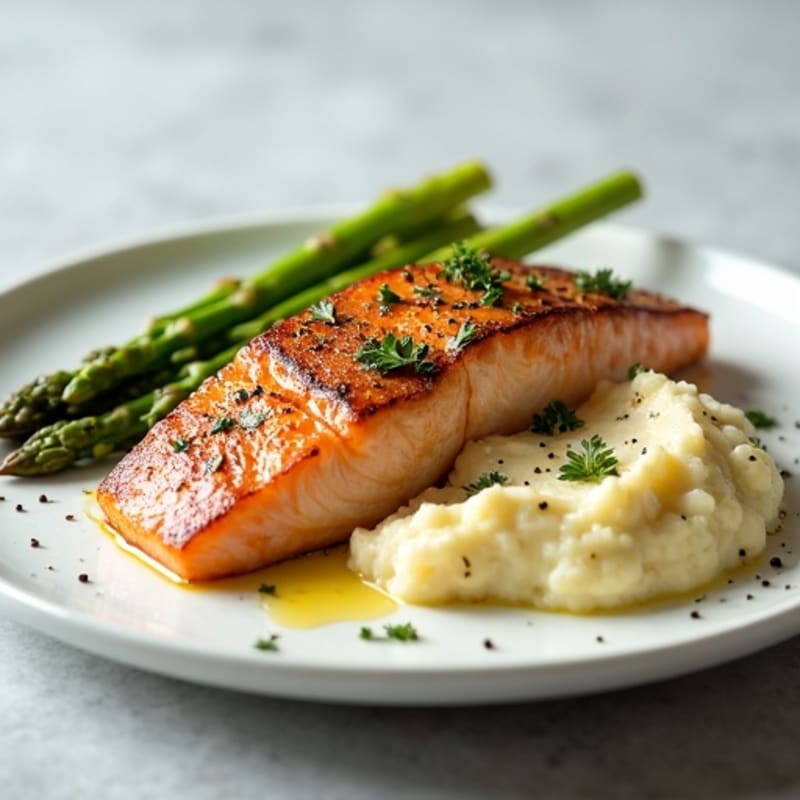 Seared Salmon with Steamed Asparagus and Cauliflower Mash