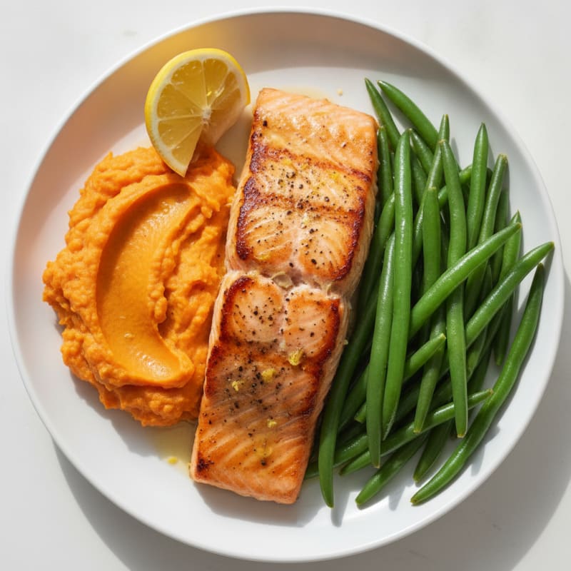 Seared Salmon with Steamed Green Beans and Mashed Sweet Potato