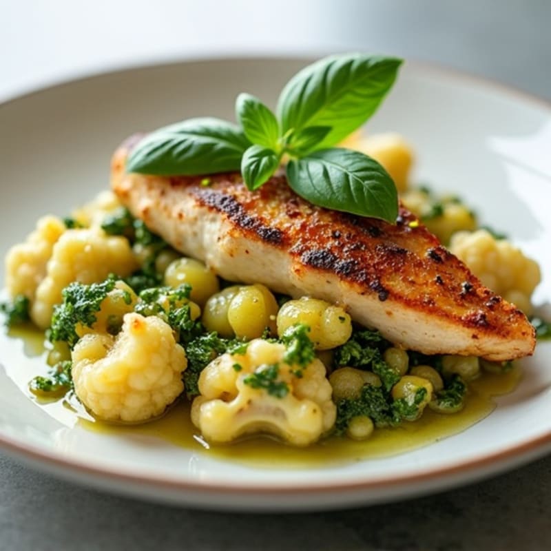 Cauliflower Gnocchi with Fresh Basil Pesto and Pan-Seared Chicken