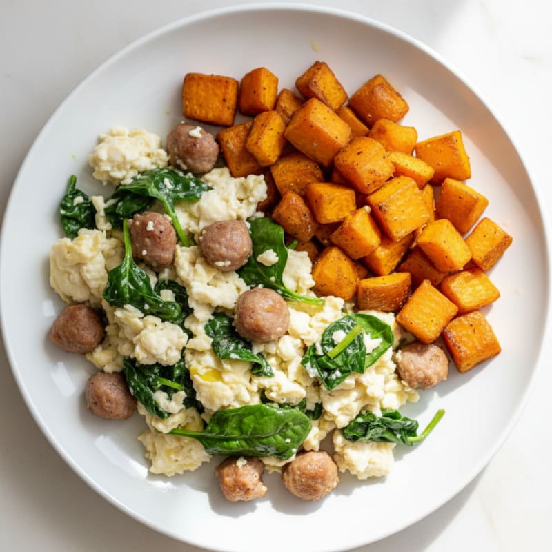 Egg White and Turkey Sausage Scramble with Spinach and Roasted Sweet Potatoes