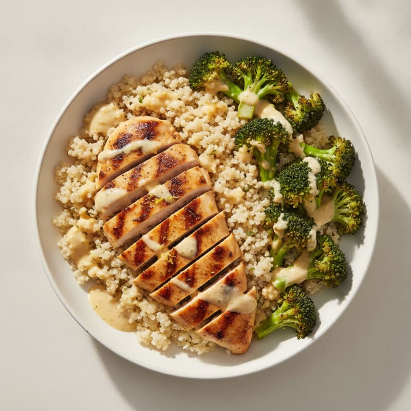 Grilled Chicken Breast and Quinoa Bowl with Crunchy Broccoli and Lemon Tahini Drizzle