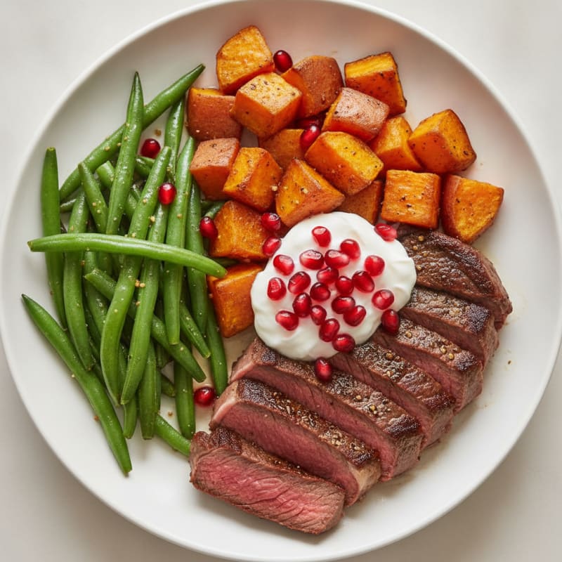 Seared Lean Beef with Roasted Sweet Potatoes and Green Beans