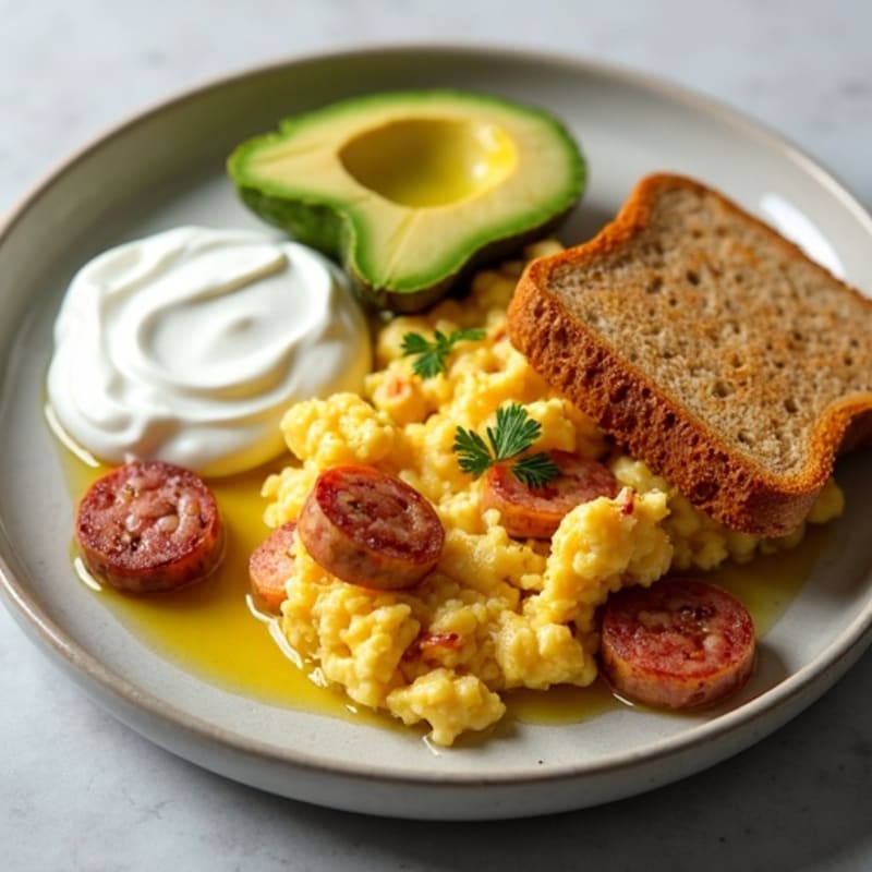 Crispy Egg White and Turkey Sausage Scramble with Greek Yogurt