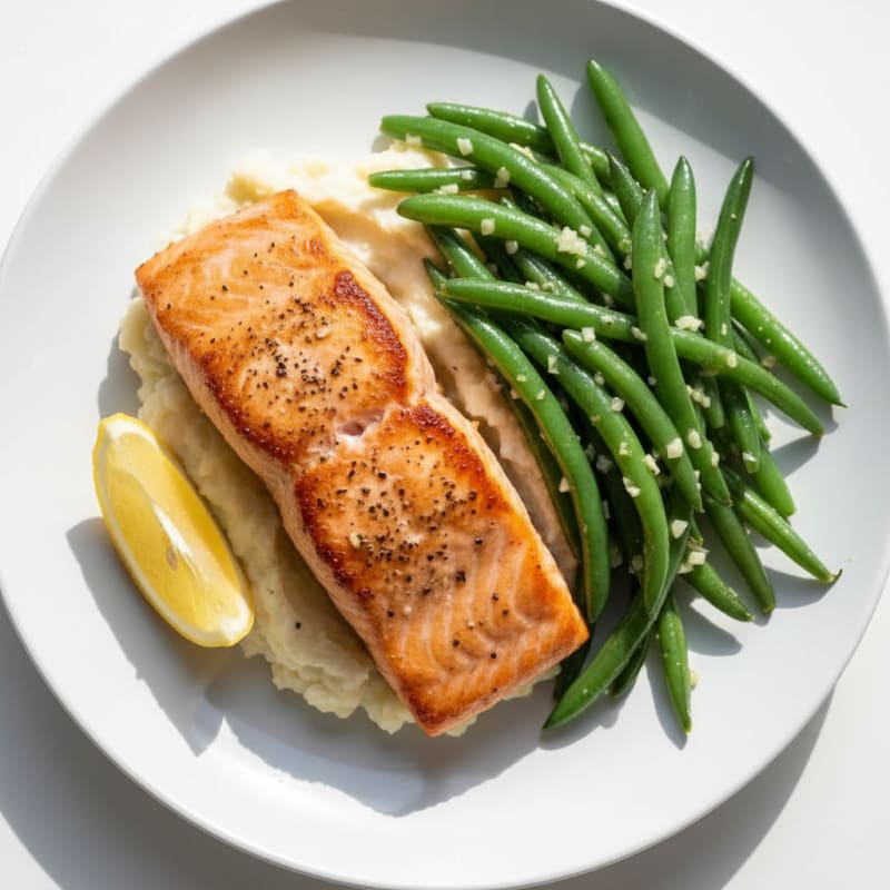 Seared Salmon with Garlic Green Beans and Cauliflower Mash