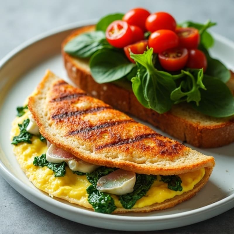 Egg White Omelet with Sautéed Spinach, Turkey Bacon & Steak Toast Topping