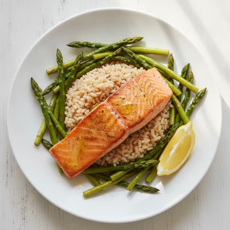 Seared Salmon Fillet with Steamed Asparagus and Brown Rice