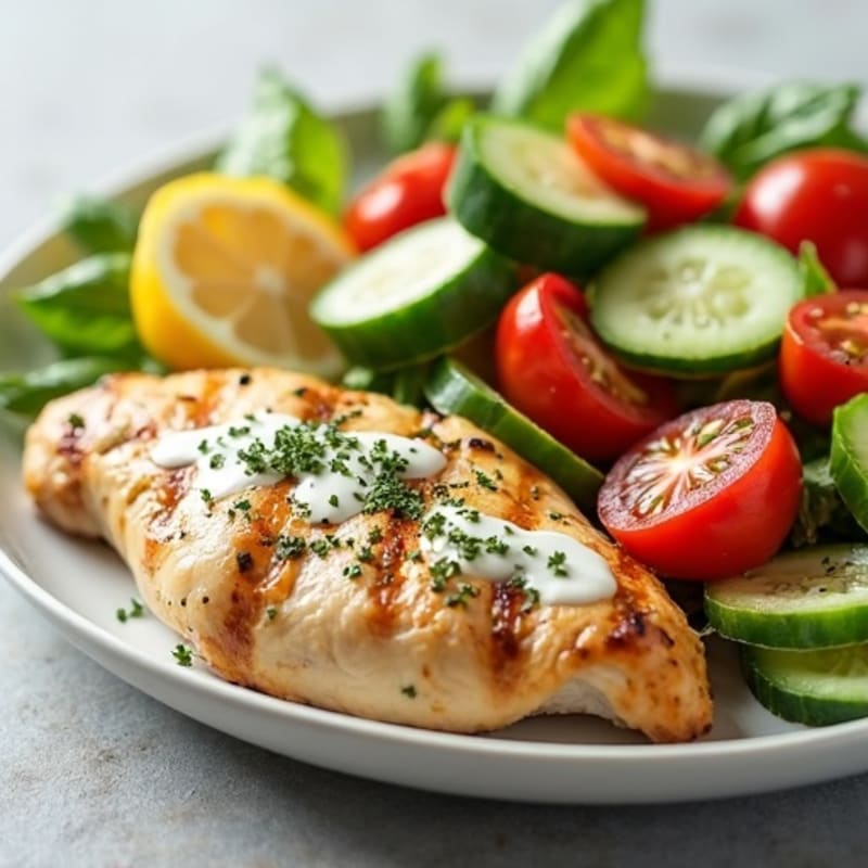Grilled Lemon-Herb Chicken with Fresh Chopped Vegetables and Creamy Yogurt Dressing