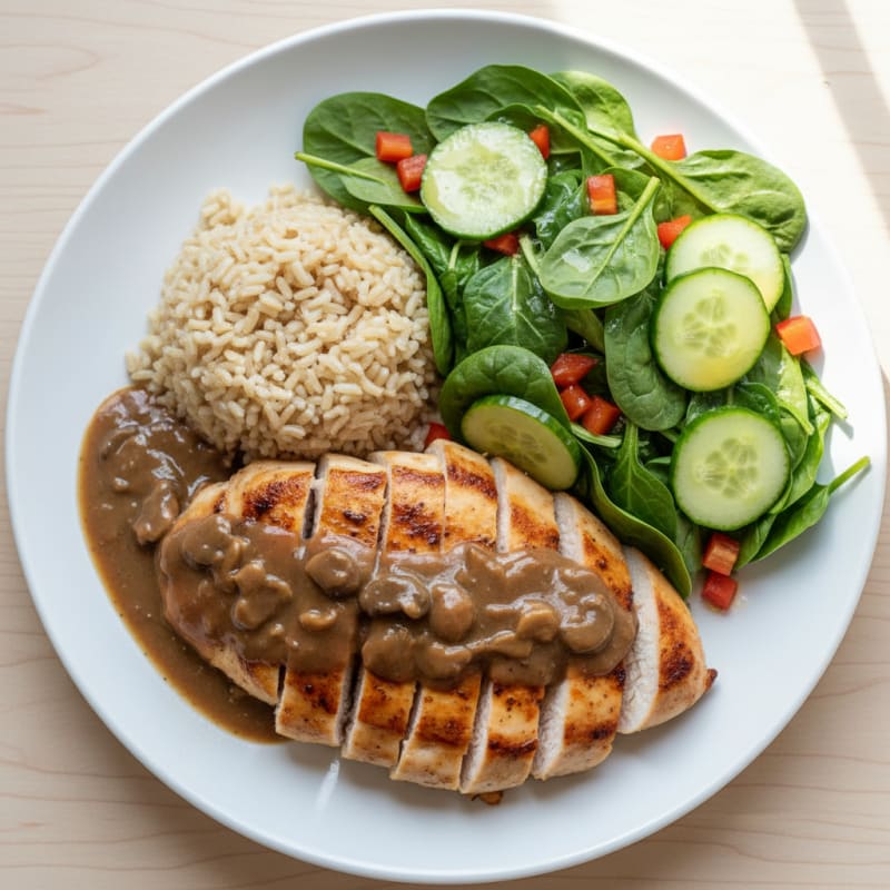 Grilled Chicken Breast with Mixed Vegetable Salad and Brown Rice