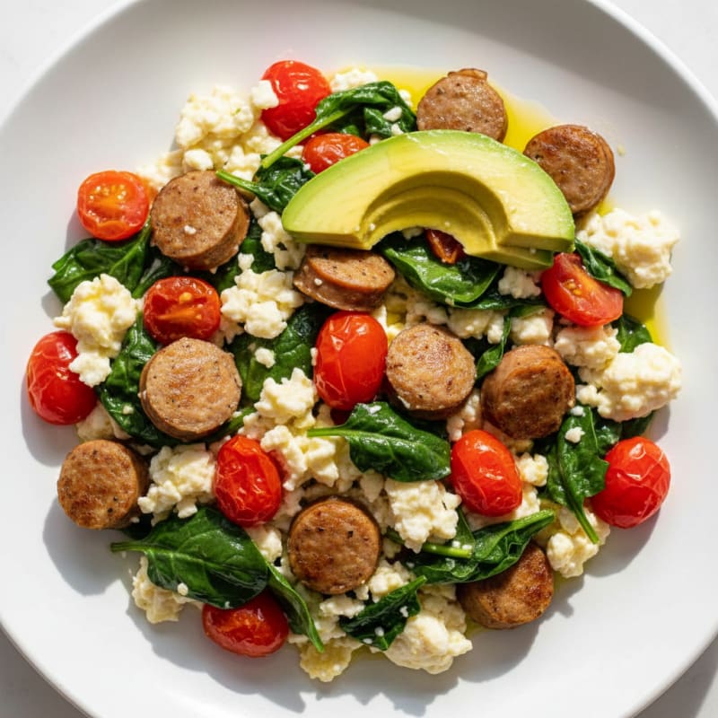 Egg White and Turkey Sausage Scramble with Spinach and Tomatoes