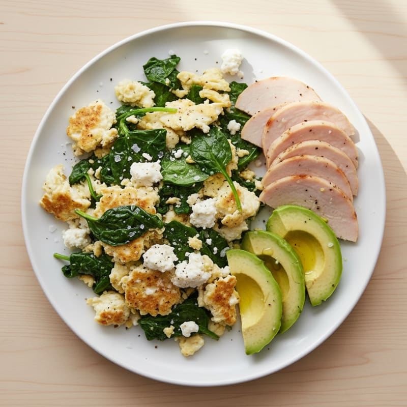 Egg White Spinach Scramble with Cottage Cheese and Sliced Turkey