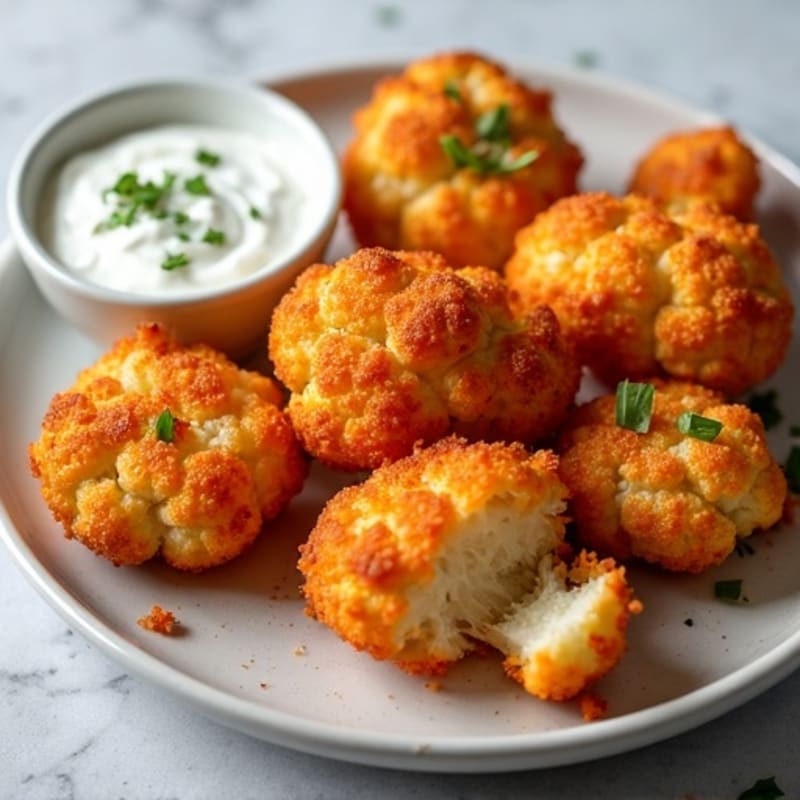 Crispy Buffalo Roasted Cauliflower Bites with Greek Yogurt Blue Cheese Dip
