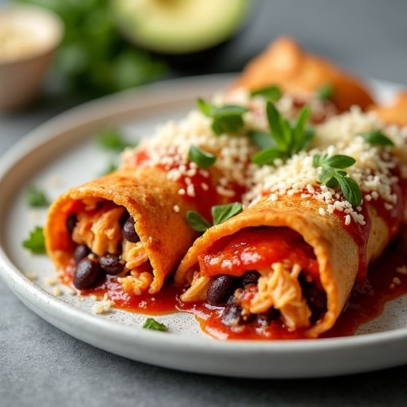 Baked Shredded Chicken and Black Bean Enchiladas with Smoky Red Sauce