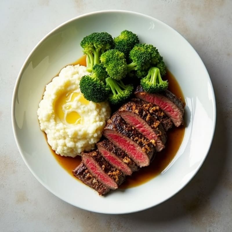 Seared Lean Beef with Roasted Broccoli and Cauliflower Mash