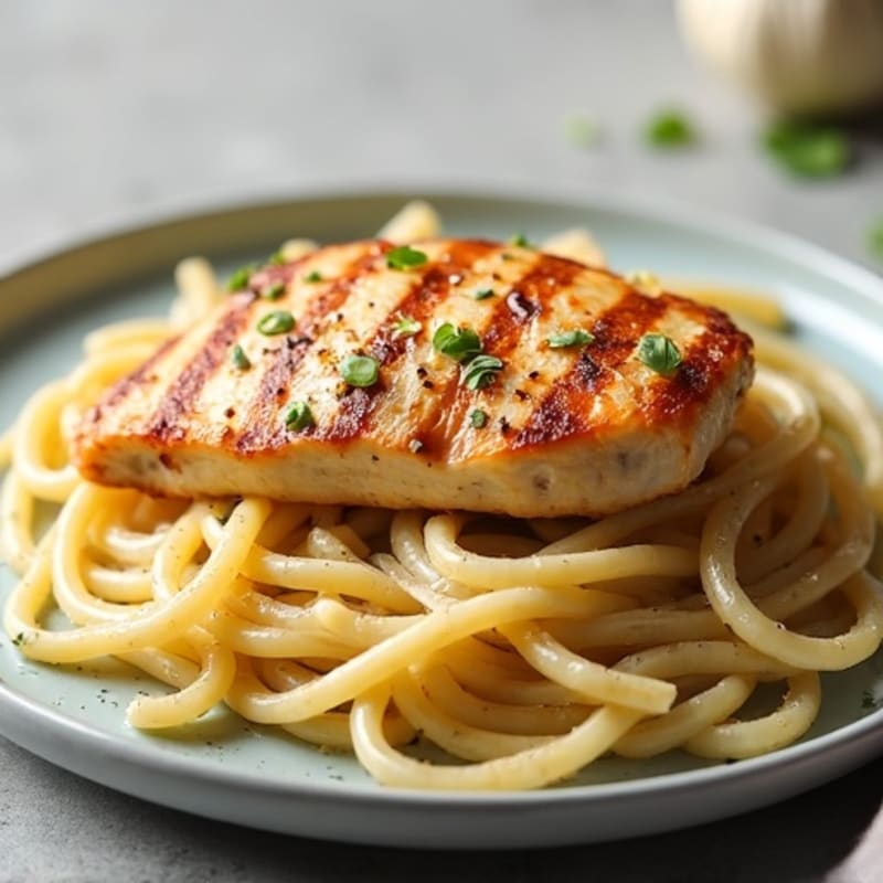 Chicken with Lighter Creamy Garlic Parmesan Whole Wheat Pasta