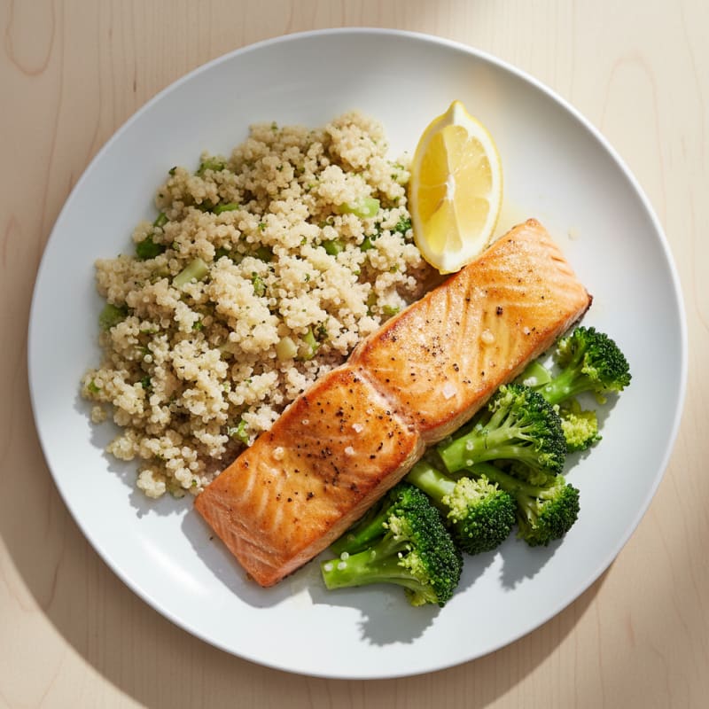 Seared Salmon with Steamed Broccoli and Quinoa