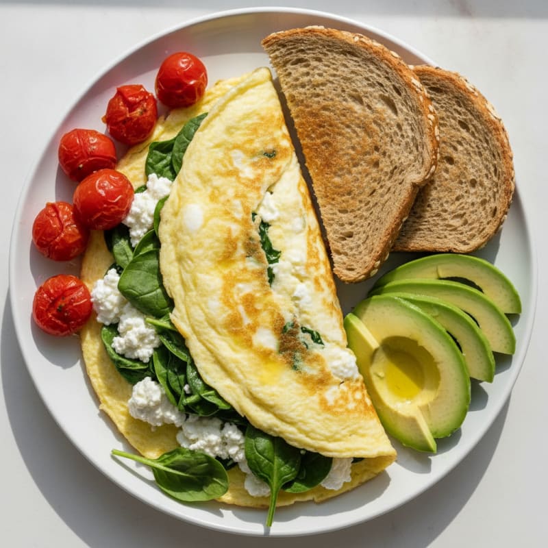 Egg White Spinach Omelet with Cottage Cheese and Cherry Tomatoes