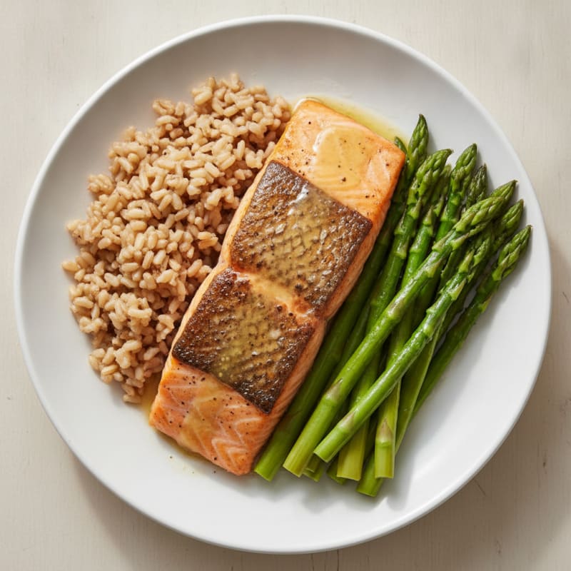 Seared Salmon with Steamed Asparagus and Brown Rice