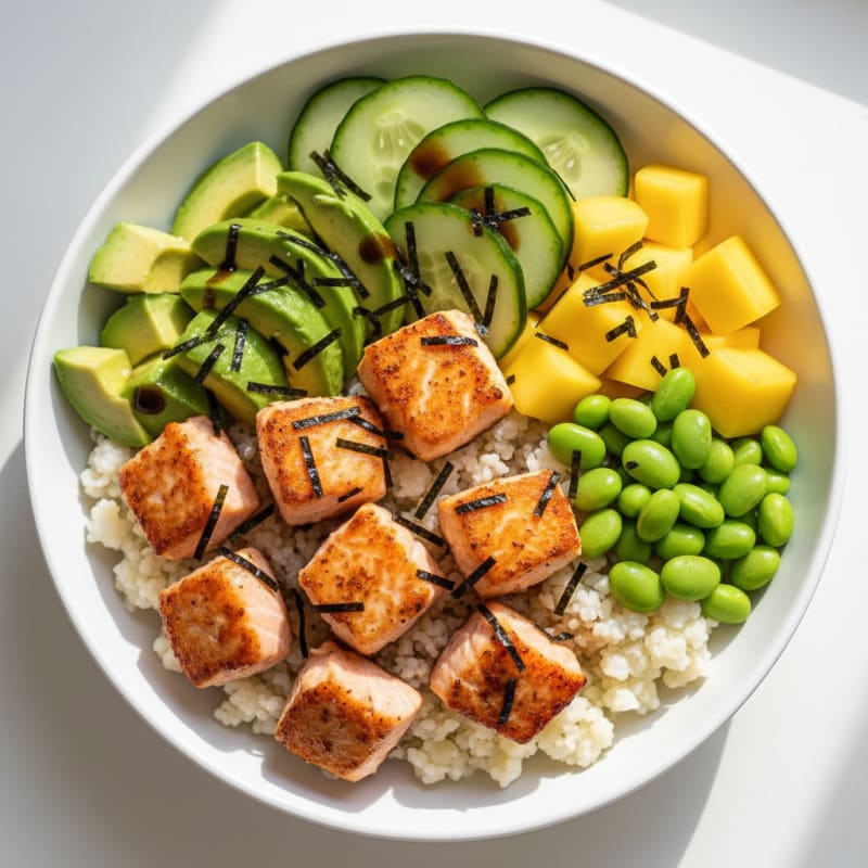 Seared Salmon Sushi Bowl with Avocado and Edamame