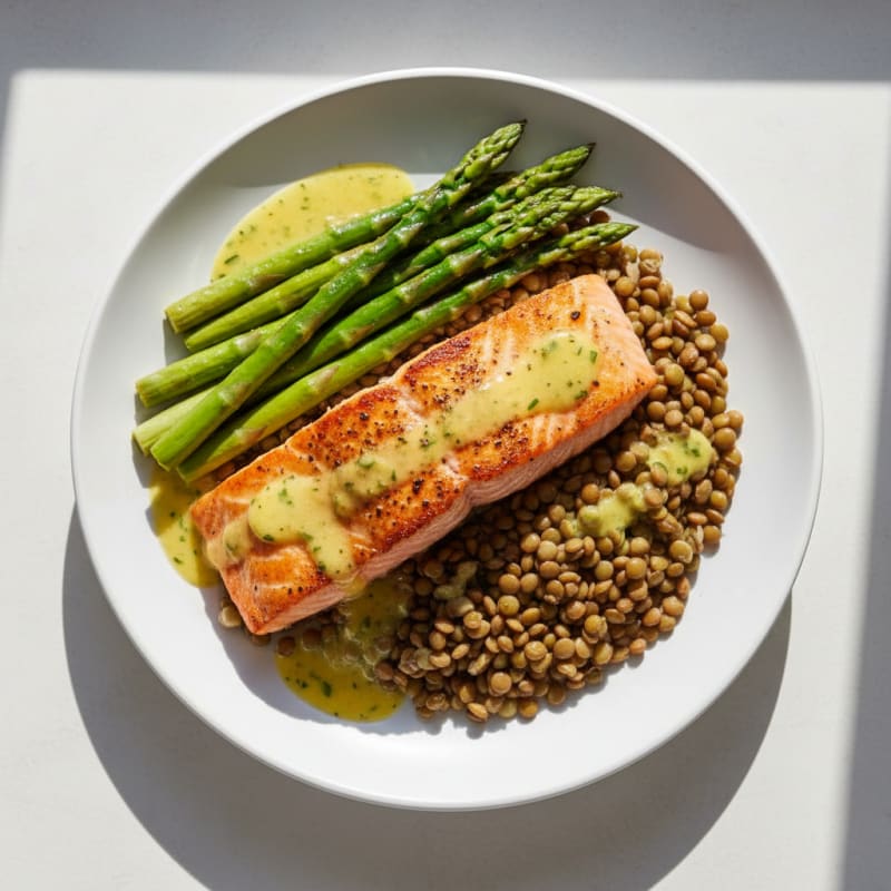 Seared Salmon Fillet with Steamed Asparagus and Lentils