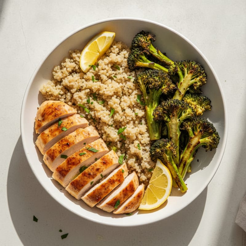 Grilled Chicken and Quinoa Bowl with Roasted Broccoli