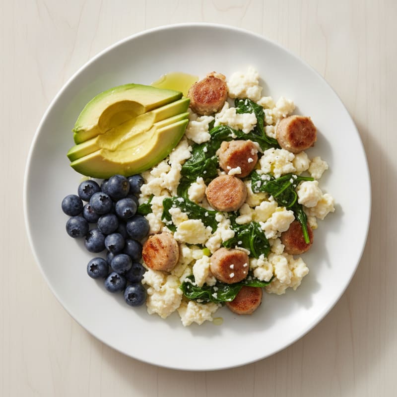 Egg White Scramble with Chicken Sausage and Spinach