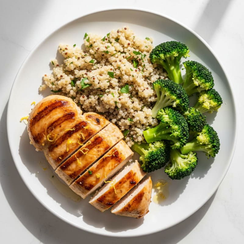 Grilled Lemon-Garlic Chicken Breast with Quinoa and Steamed Broccoli