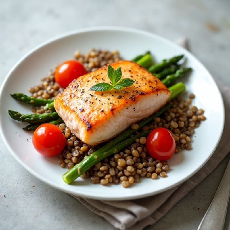 Seared Salmon with Lentil and Asparagus Salad