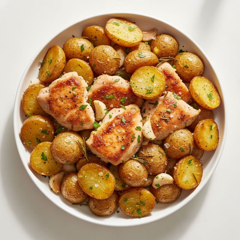 Crispy Roasted Garlic Herb Potatoes with Chicken