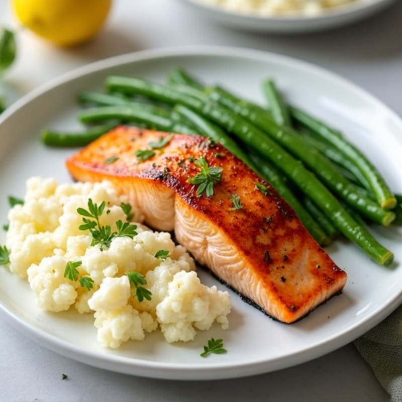 Seared Salmon with Steamed Green Beans and Garlic Mashed Cauliflower