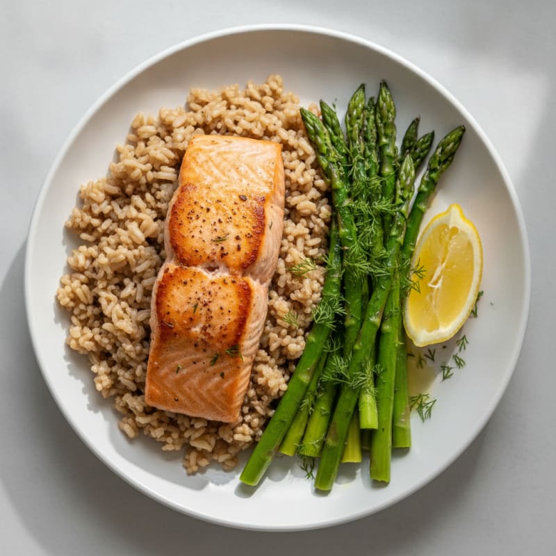 Seared Salmon with Steamed Asparagus and Brown Rice