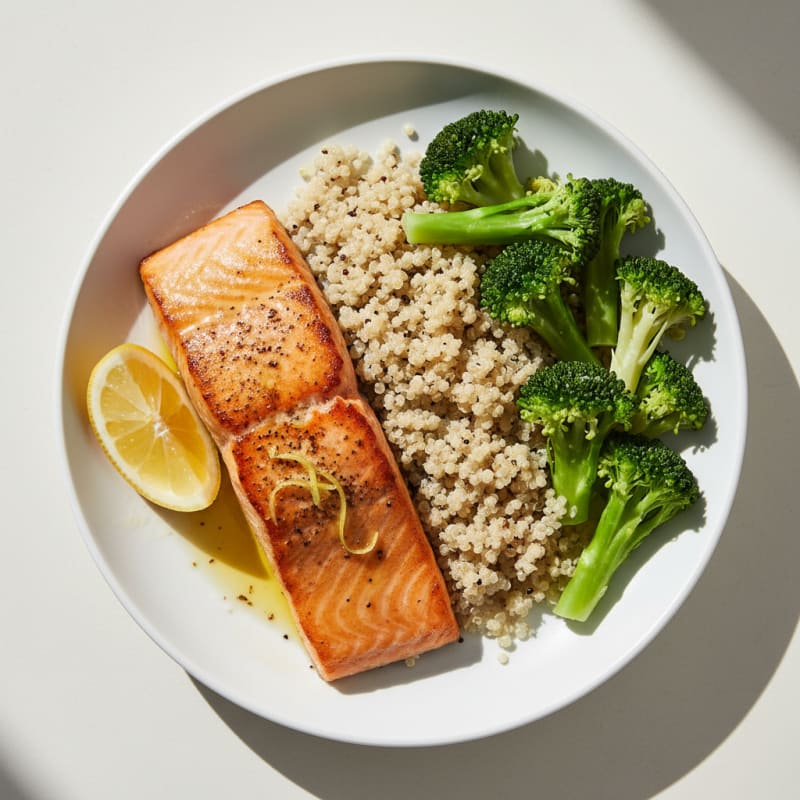 Seared Salmon with Steamed Broccoli and Quinoa
