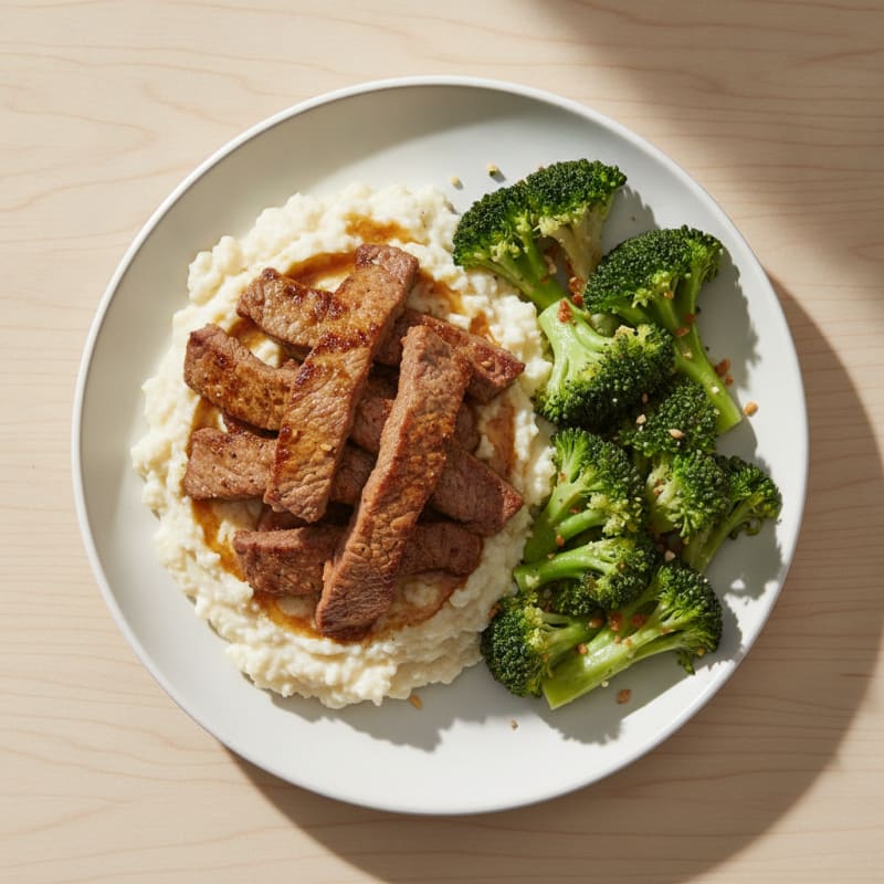 Seared Lean Beef Strips with Steamed Broccoli and Cauliflower Mash