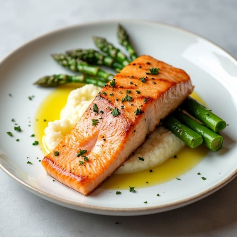 Seared Salmon Fillet with Steamed Asparagus and Cauliflower Mash