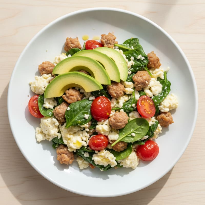Egg White and Turkey Sausage Scramble with Spinach and Tomatoes