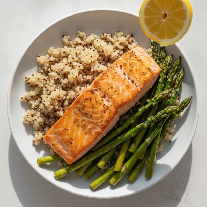 Seared Salmon with Quinoa and Roasted Asparagus