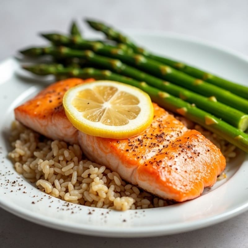 Seared Salmon with Steamed Asparagus and Brown Rice