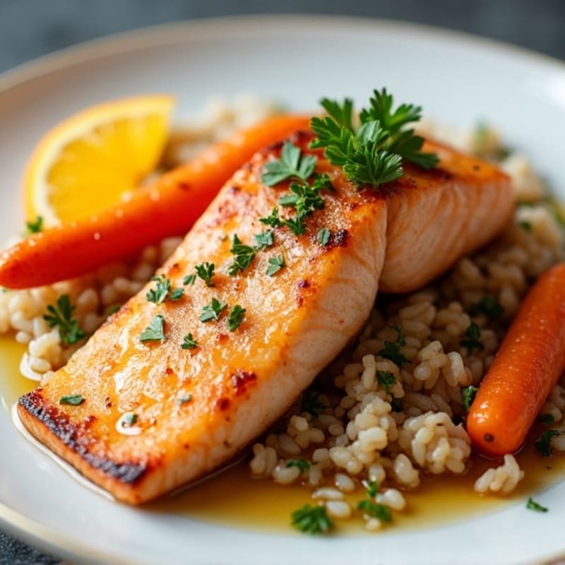 Seared Salmon Fillet with Herbed Rice and Roasted Orange-Glazed Carrots