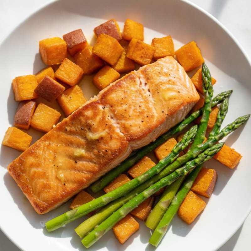 Seared Salmon with Roasted Sweet Potato and Asparagus