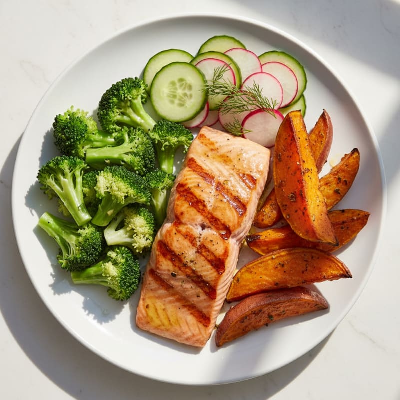 Grilled Salmon with Steamed Broccoli and Roasted Sweet Potato