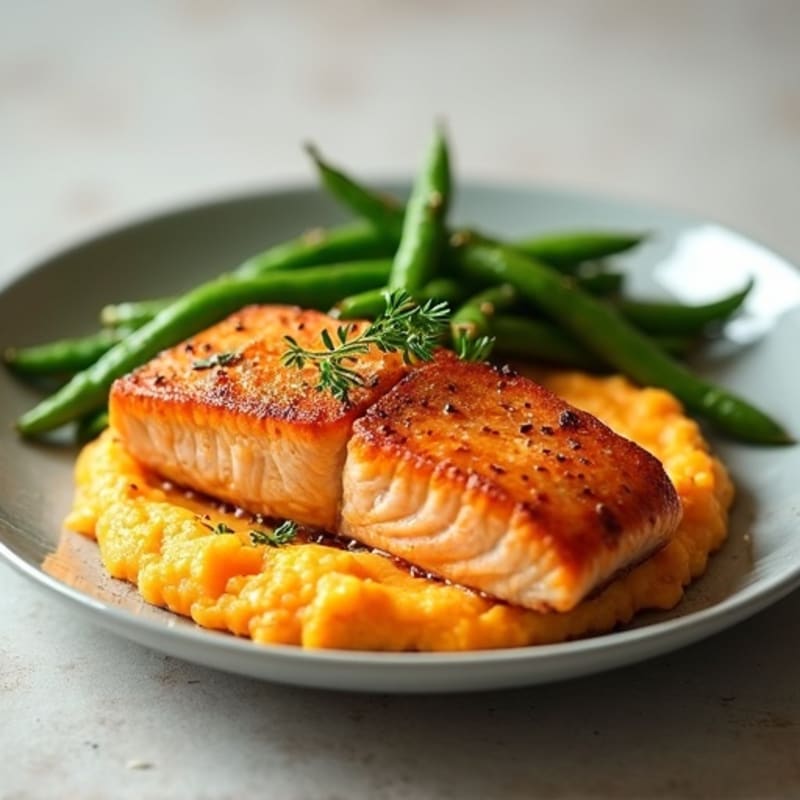 Seared Salmon with Garlic Green Beans and Sweet Potato Mash